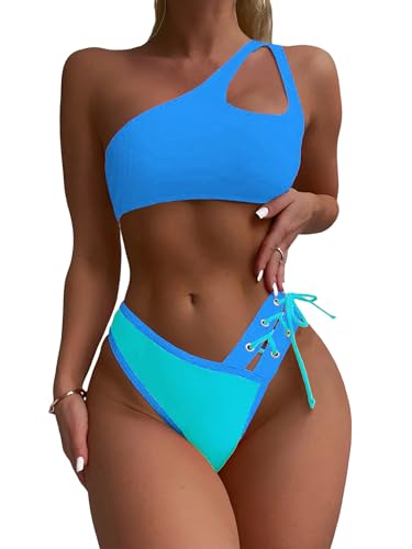 YELAIVP Women's Bikini Sets One Shoulder High Waisted Two Piece Swimsuit Lace Up High Cut Bathing Suit