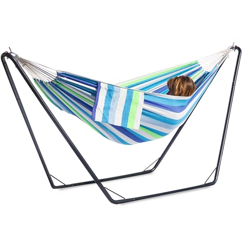 GAFETE Double Hammock with Stand for Outside, Stable V-Shape Space Saving Steel Stand 2 Person, Comfortable Pillow & Convenient Side Pocket, Indoor & Outdoor, Max 450 lbs Capacity (Sky)