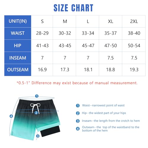 Cozople Mens Bathing Suit 7 Inch Inseam Swim Trunks with Compression Liner Bathing Suit Boxer Brief Lined Swimsuit Anti Chafe Black Blue Gradient Board Shorts M