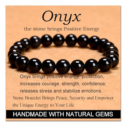 Massive Beads Black Onyx - Stone of Positive Energy - Handmade Yoga Stretch Elastic Bracelet Natural Stone Crystal Healing Power Energy Gifts for Unisex Adult 8mm