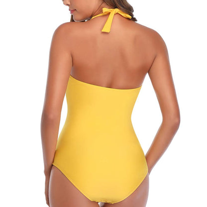 Smismivo Tummy Control Swimwear Halter One Piece Swimsuit Ruched Padded Bathing Suits for Women Slimming Vintage Bikini (Yellow, Medium)