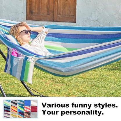 GAFETE Double Hammock with Stand for Outside, Stable V-Shape Space Saving Steel Stand 2 Person, Comfortable Pillow & Convenient Side Pocket, Indoor & Outdoor, Max 450 lbs Capacity (Sky)