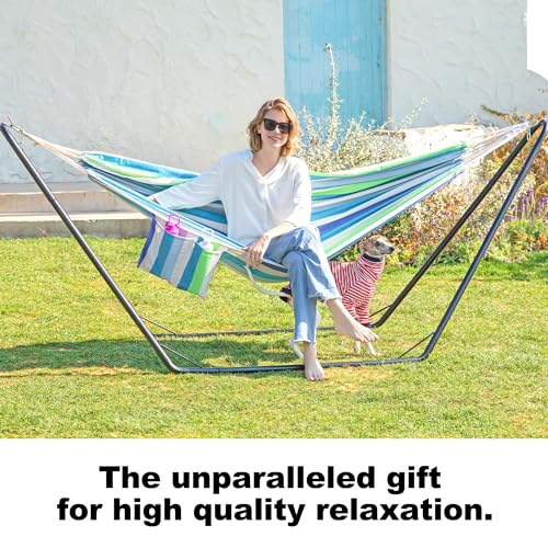 GAFETE Double Hammock with Stand for Outside, Stable V-Shape Space Saving Steel Stand 2 Person, Comfortable Pillow & Convenient Side Pocket, Indoor & Outdoor, Max 450 lbs Capacity (Sky)