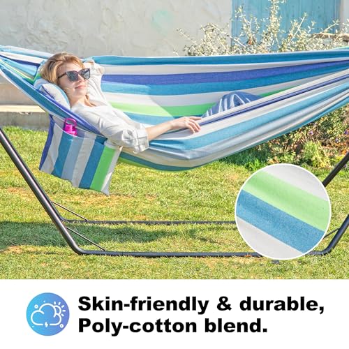 GAFETE Double Hammock with Stand for Outside, Stable V-Shape Space Saving Steel Stand 2 Person, Comfortable Pillow & Convenient Side Pocket, Indoor & Outdoor, Max 450 lbs Capacity (Sky)