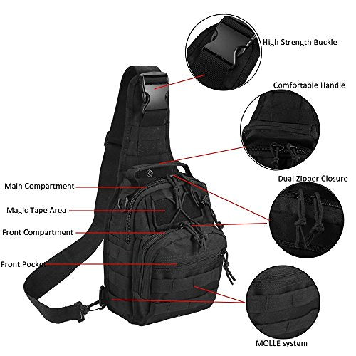 Tactical Shoulder Bag,1000D Outdoor Military Molle Sling Backpack Sport Chest Pack Daypack Bags for Camping, Hiking, Trekking, Rover Sling (Black)