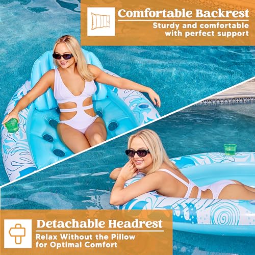 Inflatable Tanning Pool Floats Adult - Sloosh Oval Tanning Float Lounger for Adults Raft, Sunbathing Lounge Cool Water Party Toys Lake Beach Swimming Pool Sun Tan Tube with Backrest Cup Holders (Blue)