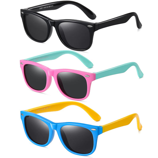 DYLB Kids Polarized Sunglasses for girls boys 3 Pack, Flexible TPEE Rubber Frame for Children Age 3-8. (Black +Pink Green +Blue Yellow)