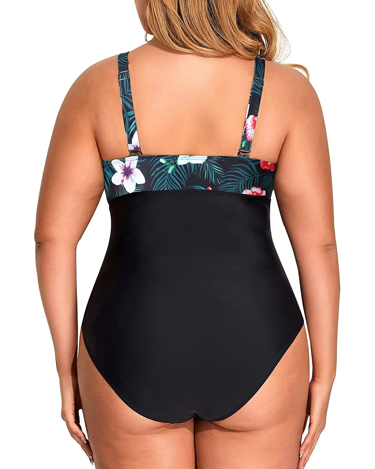 Daci Women Flower and Black Plus Size One Piece Swimsuits Plunge Sexy V Neck Bathing Suit Hollowed Swimwear 20W