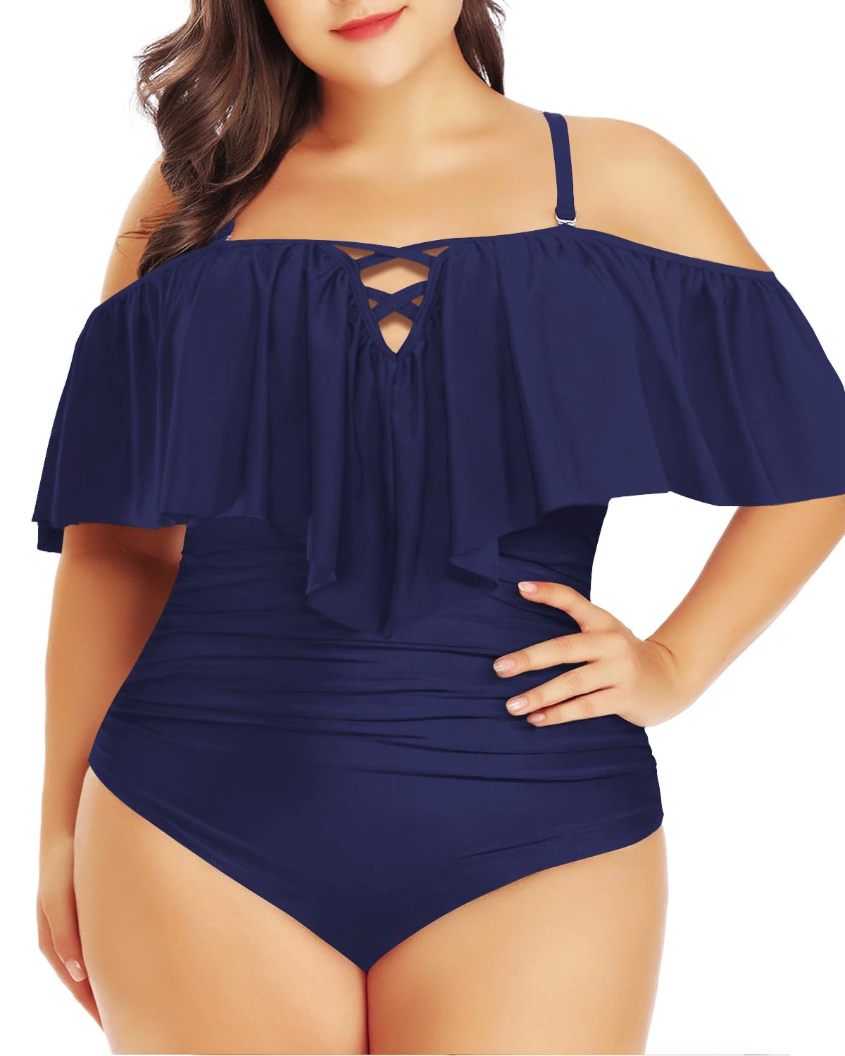 Daci Women Blue Plus Size One Piece Swimsuits Tummy Control Ruffle Off Shoulder Bathing Suits 20 Plus