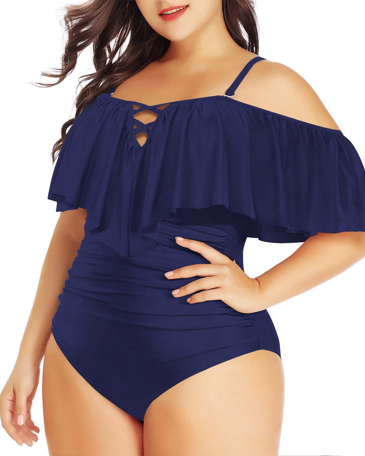 Daci Women Blue Plus Size One Piece Swimsuits Tummy Control Ruffle Off Shoulder Bathing Suits 20 Plus