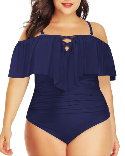 Daci Women Blue Plus Size One Piece Swimsuits Tummy Control Ruffle Off Shoulder Bathing Suits 20 Plus