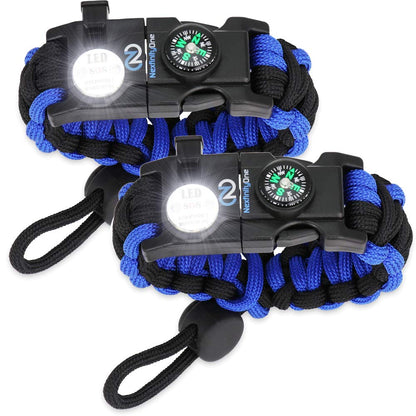 Nexfinity One Survival Paracord Bracelet - Tactical Emergency Gear Kit with SOS LED Light, 550 Grade, Adjustable, Multitools, Fire Starter, Compass, and Whistle - Set of 2 (Blue)