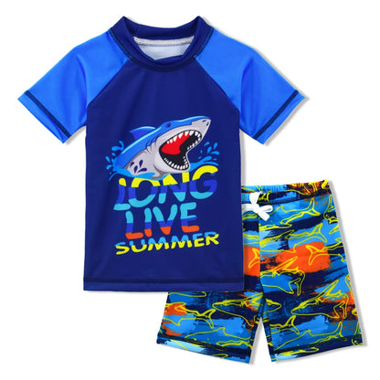 Boys Two-Piece Rash Guard Swimsuit Children's Short Sleeved Sun Suit Swimsuit Blue Shark 5T