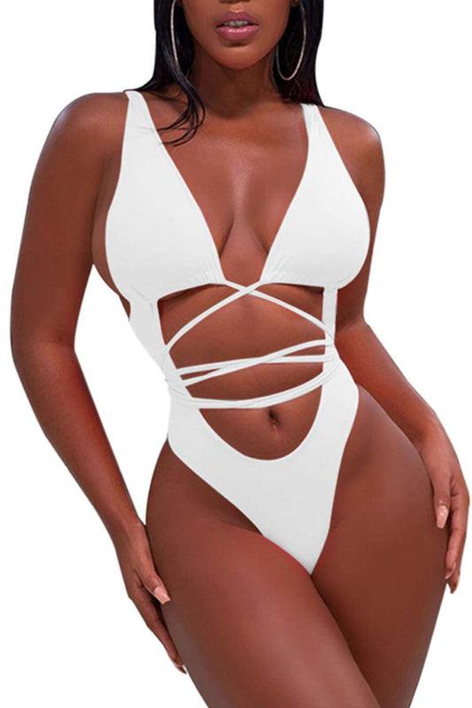 Sovoyontee Women's White High Cut One Piece Bathing Suit String Thong Bikini Swimsuit Low Back Monokini M