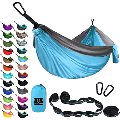 Gold Armour Camping Hammock - XL Double Hammock Portable Hammock Camping Accessories Gear for Outdoor Indoor with Tree Straps, USA Based Brand (Sky Blue and Gray)