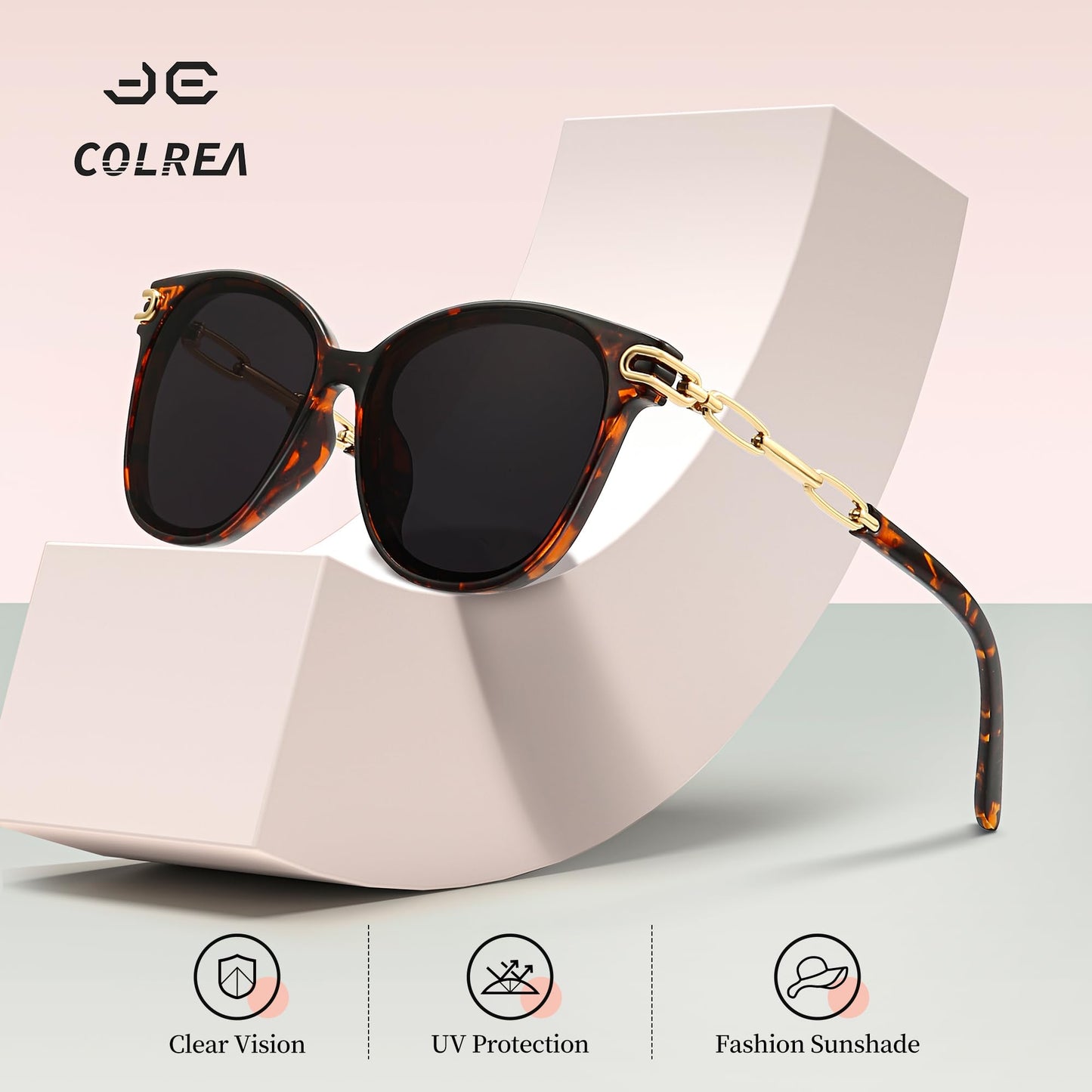 Colrea Oversized Round Sunglasses Womens Trendy Sunglasses for Women Fashion Frame Gold Chain UV400 Protection 15067