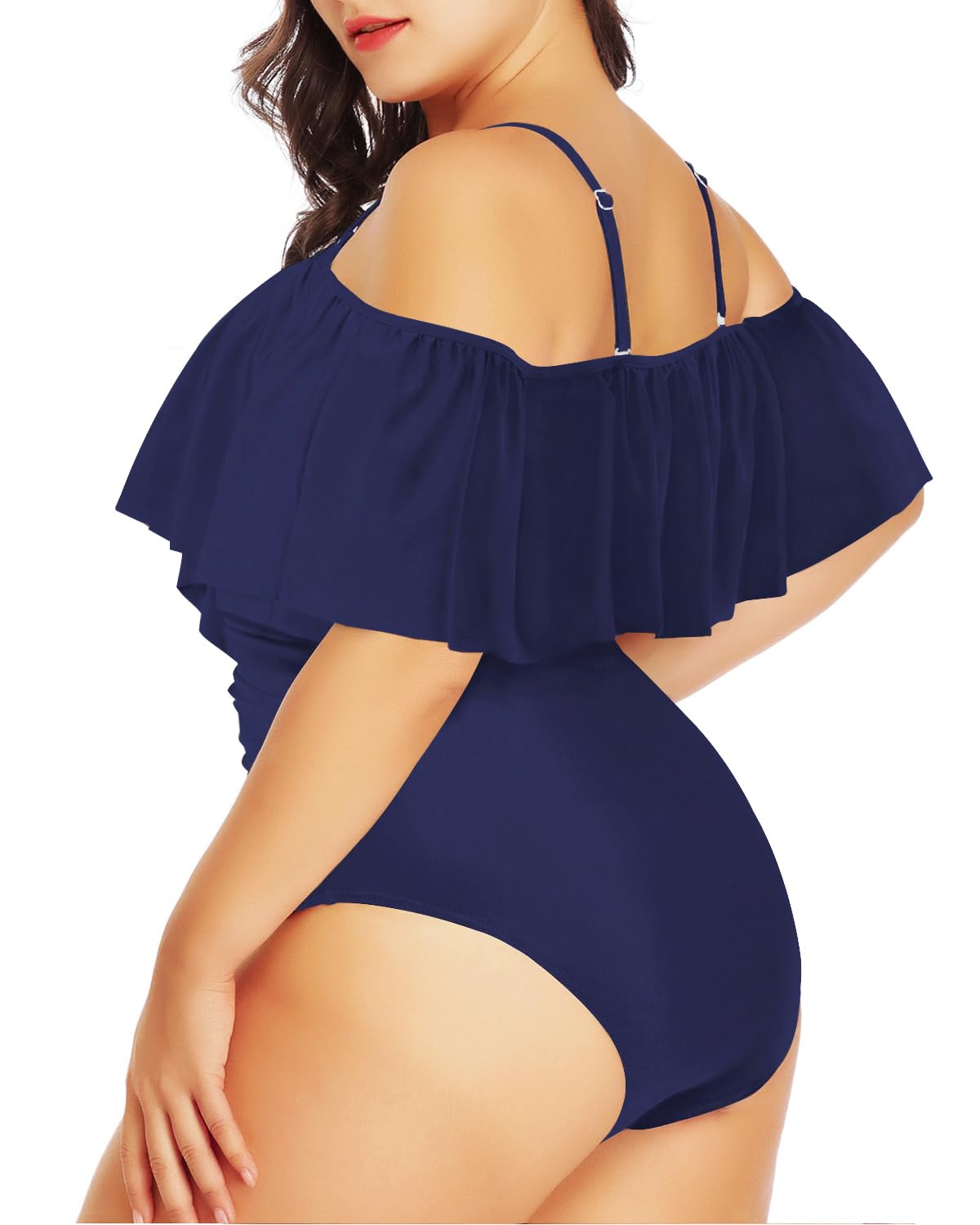 Daci Women Blue Plus Size One Piece Swimsuits Tummy Control Ruffle Off Shoulder Bathing Suits 20 Plus