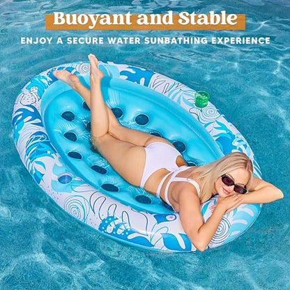 Inflatable Tanning Pool Floats Adult - Sloosh Oval Tanning Float Lounger for Adults Raft, Sunbathing Lounge Cool Water Party Toys Lake Beach Swimming Pool Sun Tan Tube with Backrest Cup Holders (Blue)