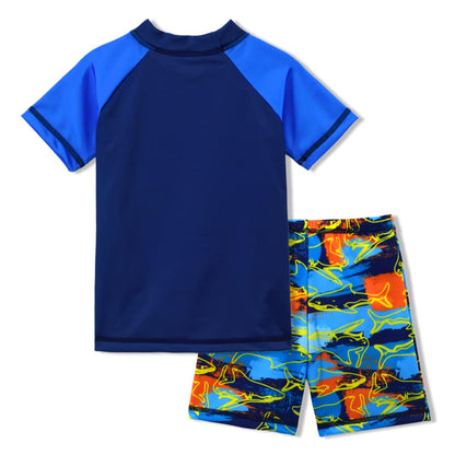 Boys Two-Piece Rash Guard Swimsuit Children's Short Sleeved Sun Suit Swimsuit Blue Shark 5T