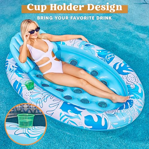 Inflatable Tanning Pool Floats Adult - Sloosh Oval Tanning Float Lounger for Adults Raft, Sunbathing Lounge Cool Water Party Toys Lake Beach Swimming Pool Sun Tan Tube with Backrest Cup Holders (Blue)