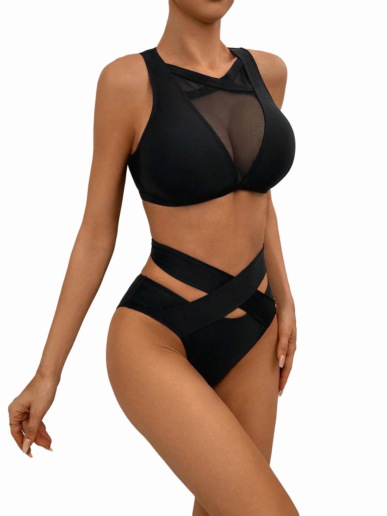 Milumia Women 2 Piece Bikini Sets Contrast Mesh Criss Cross High Waist Tankini Swimsuits Black Medium