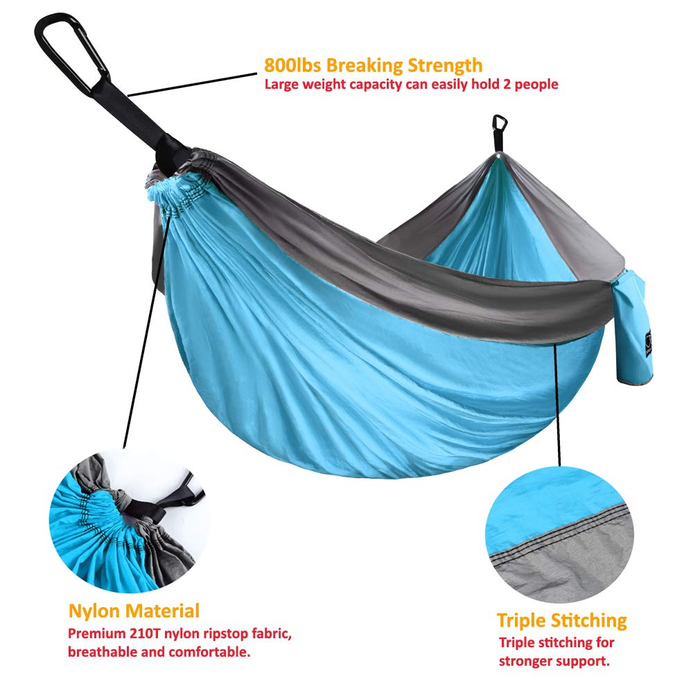 Gold Armour Camping Hammock - XL Double Hammock Portable Hammock Camping Accessories Gear for Outdoor Indoor with Tree Straps, USA Based Brand (Sky Blue and Gray)