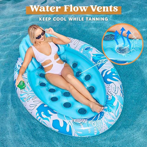 Inflatable Tanning Pool Floats Adult - Sloosh Oval Tanning Float Lounger for Adults Raft, Sunbathing Lounge Cool Water Party Toys Lake Beach Swimming Pool Sun Tan Tube with Backrest Cup Holders (Blue)