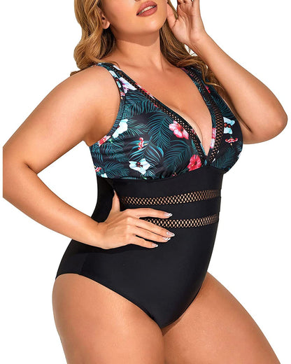 Daci Women Flower and Black Plus Size One Piece Swimsuits Plunge Sexy V Neck Bathing Suit Hollowed Swimwear 20W