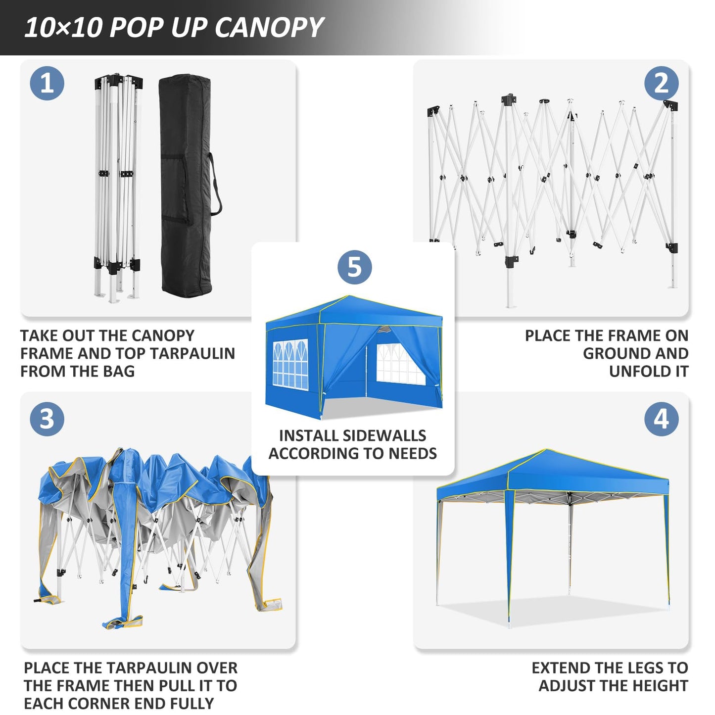 COBIZI 10x10 Pop up Canopy, Canopy Tent 10x10 Gazebos, Ez up Canopy 10x10 for Parties Beach Camping Party Event Shelter Sun Shade with 4 Sidewalls & Carry Bag 4 Stakes & Ropes & Sandbags, Blue