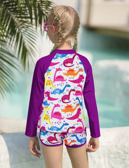 Baby Girls Boys Long Sleeve Swimsuits Child 4t 5t Dinosaur Printed Slim Fit Swim Top with Swim Trunks 2 Piece Swim Sets for Summer Holiday Vacation