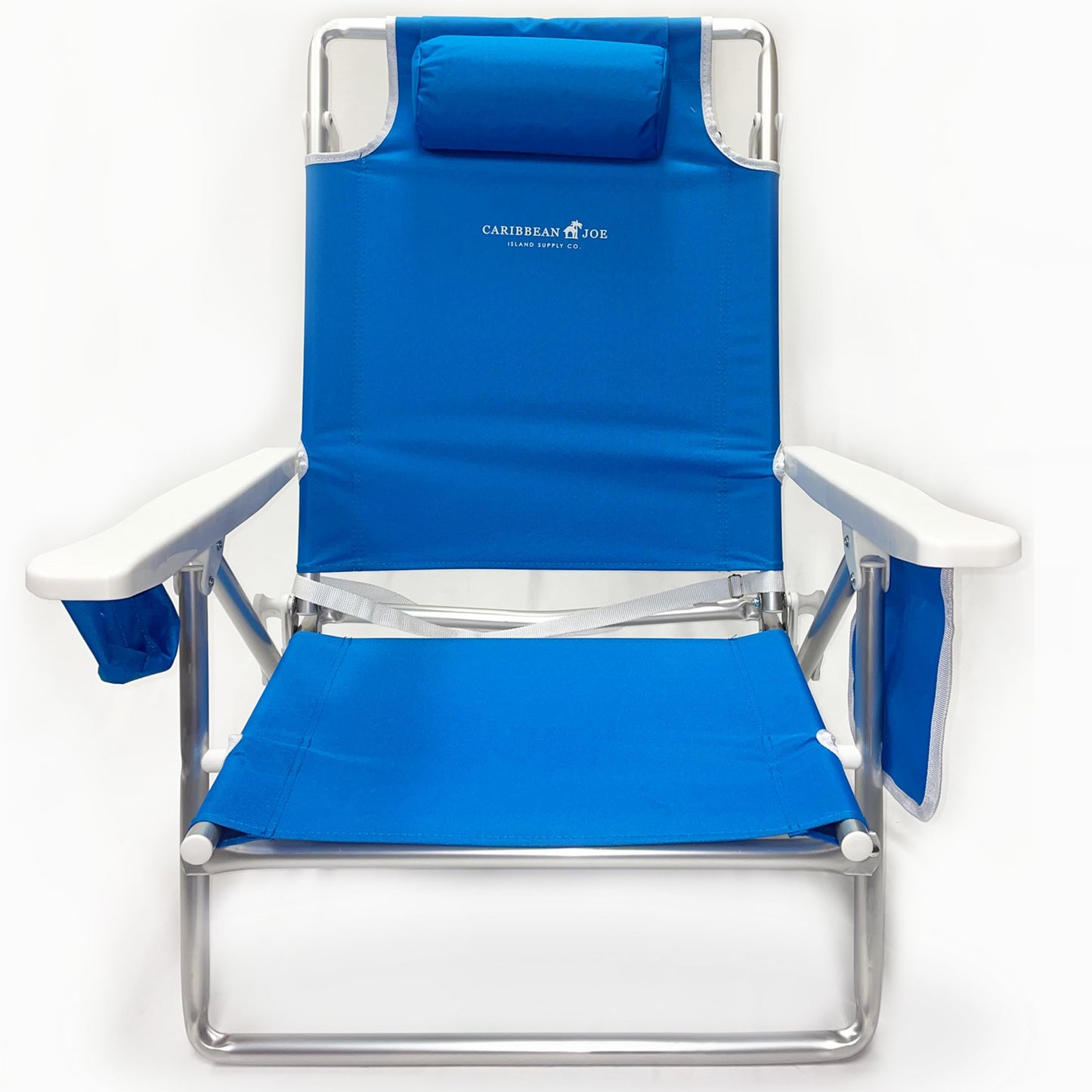 CARIBBEAN JOE Folding Beach Chair, 5 Position Lightweight, Portable Reclining Outdoor Camping Chair with Headrest, Shoulder Strap, and Cup Holder, Blue