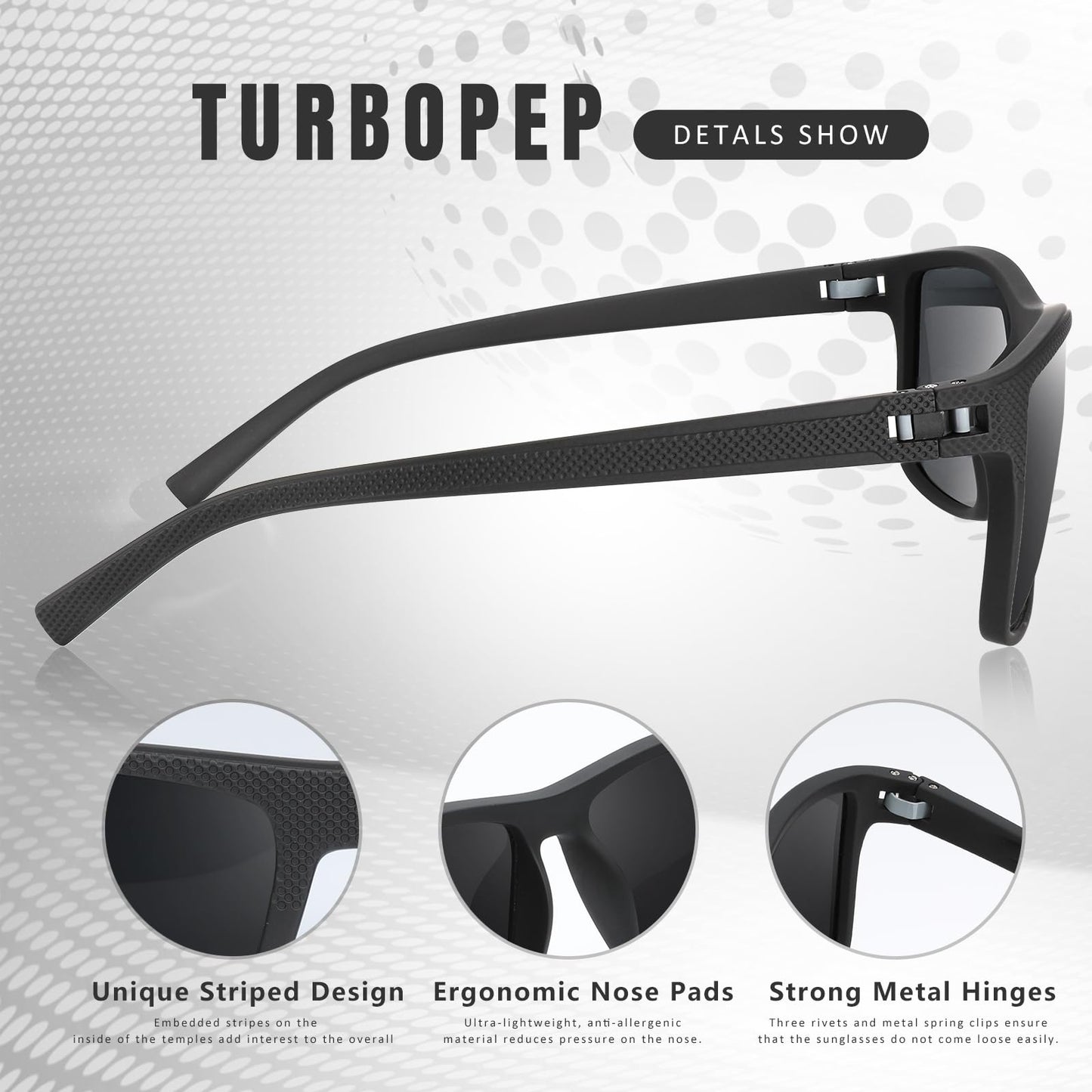 TURBOPEP Square Polarized Sunglasses for Men and Women Lightweight Frame Sun Glasses with UV Protection