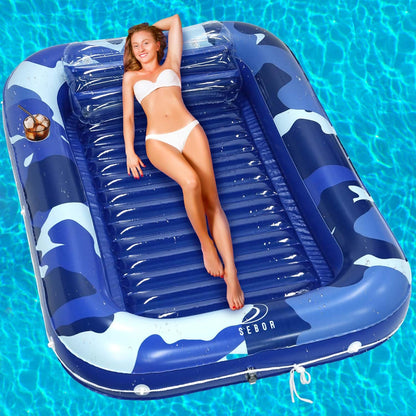 Sebor Larger Inflatable Tanning Pool Lounger Float, 76" x 47" Thicken Suntan Tub Pool Floats with Removable Backrest & Cupholder, Navy Blue (Navy Blue, Large)