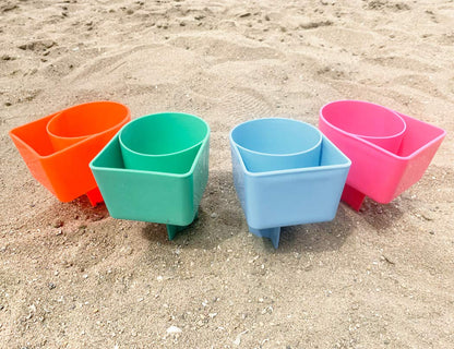 Home Queen Beach Cup Holder with Pocket, Multifunctional Sand Cup Holder for Beverage Phone Sunglass Key, Beach Accessory Drink Sand Coaster, Set of 4 (Teal, Orange, Blue and Pink)