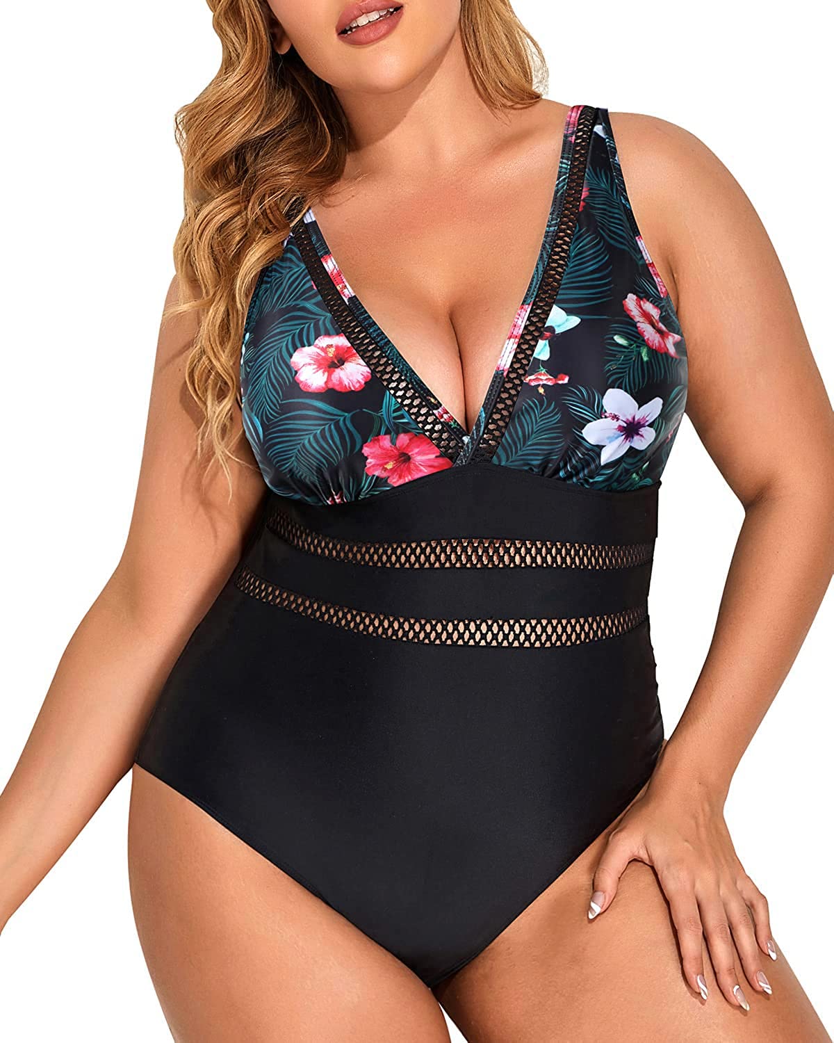 Daci Women Flower and Black Plus Size One Piece Swimsuits Plunge Sexy V Neck Bathing Suit Hollowed Swimwear 20W