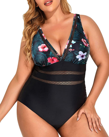 Daci Women Flower and Black Plus Size One Piece Swimsuits Plunge Sexy V Neck Bathing Suit Hollowed Swimwear 20W