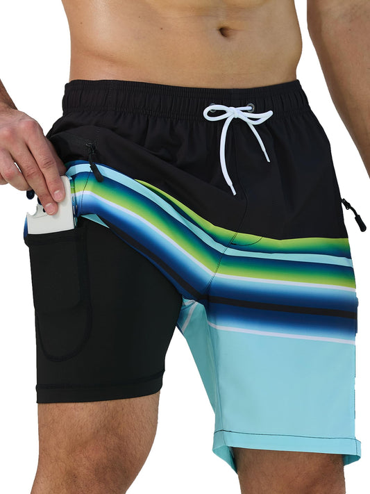 SILKWORLD Mens Swim Trunks with Compression Liner Swim Shorts Quick Dry Swimsuits for Men Swimwear for Summer,Black&Cyan Stripes,Large