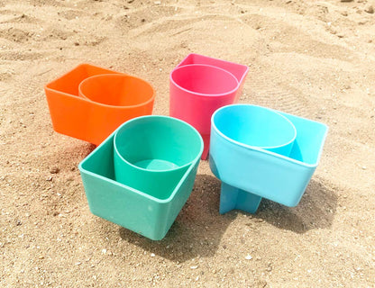 Home Queen Beach Cup Holder with Pocket, Multifunctional Sand Cup Holder for Beverage Phone Sunglass Key, Beach Accessory Drink Sand Coaster, Set of 4 (Teal, Orange, Blue and Pink)