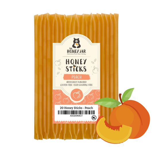 The Honey Jar Peach Flavored Raw Honey Sticks - Pure Honey Straws For Tea, Coffee, or a Healthy Treat - One Teaspoon of Flavored Honey Per Stick - Made In The USA with Real Honey - (20 Count)