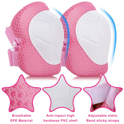 SISIGAD Kids Protective Gear Set for Kids 3-14 Years, 6 in 1 Strap Adjustable Knee Pads and Elbow Pads Wrist Guard, Suitable for Bike Rollerblading Scooter Skateboarding Cycling Skating(Pink M)