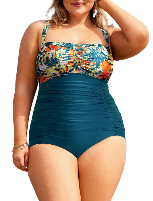 Women Front Cross Keyhole Plus Size Swimsuits One Piece Vintage Swimwear Orange Leaves Print 16plus