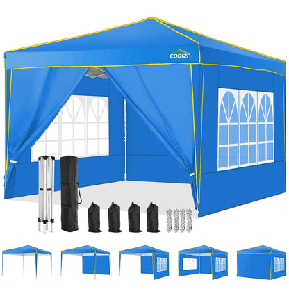 COBIZI 10x10 Pop up Canopy, Canopy Tent 10x10 Gazebos, Ez up Canopy 10x10 for Parties Beach Camping Party Event Shelter Sun Shade with 4 Sidewalls & Carry Bag 4 Stakes & Ropes & Sandbags, Blue