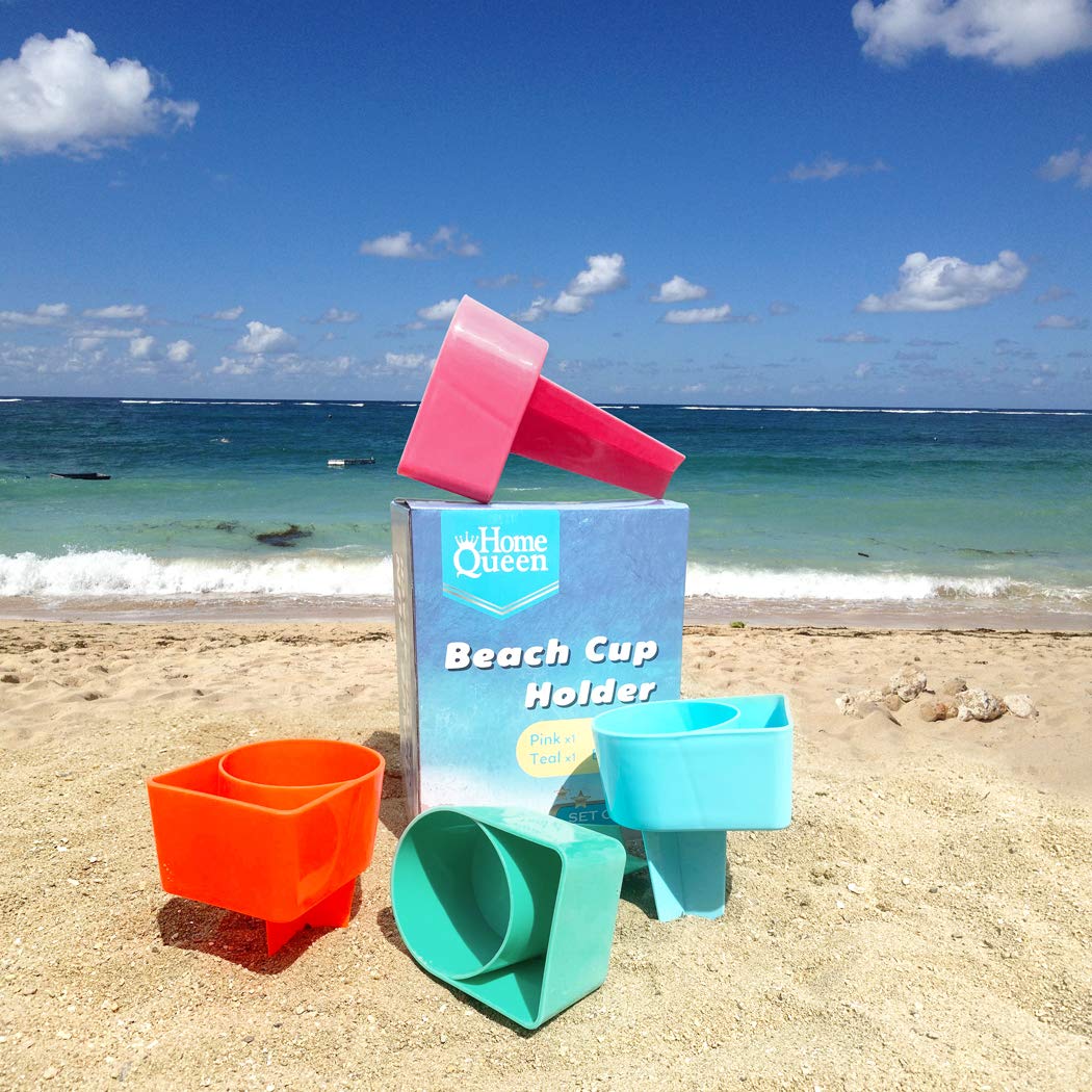 Home Queen Beach Cup Holder with Pocket, Multifunctional Sand Cup Holder for Beverage Phone Sunglass Key, Beach Accessory Drink Sand Coaster, Set of 4 (Teal, Orange, Blue and Pink)