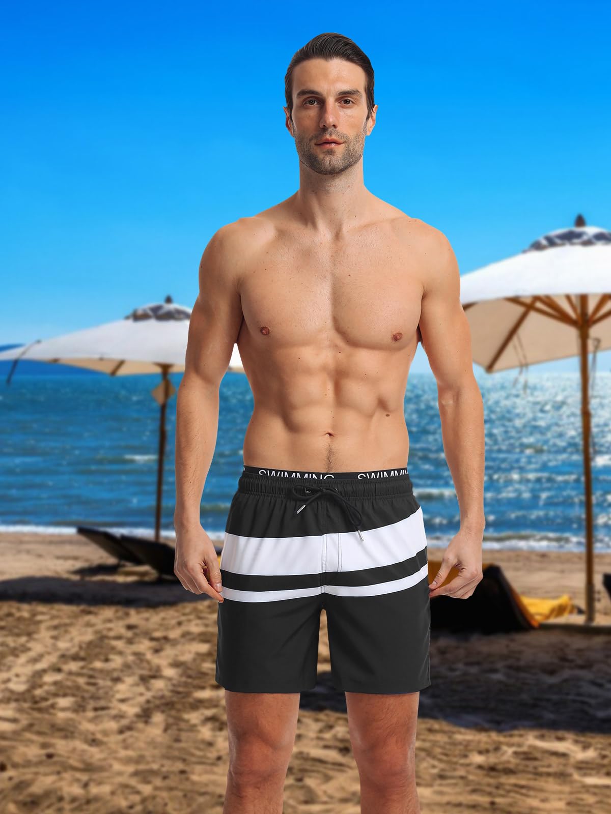 Sumolux Mens Swim Trunks Quick Dry with Compression Liner 5 Inch Beach Shorts with Pockets Bathing Suit Black