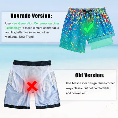 Cozople Men's Compression Liner Swim Trunks Quick Dry Lightweight Swim Shorts Beach Waterproof Swim Shorts Blue Color Changing Print Bathing Suit 2XL