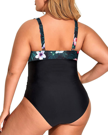 Daci Women Flower and Black Plus Size One Piece Swimsuits Plunge Sexy V Neck Bathing Suit Hollowed Swimwear 20W