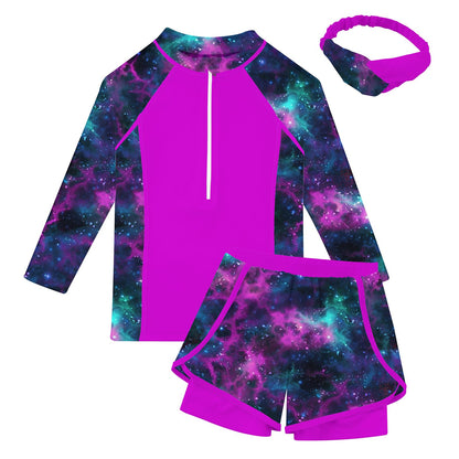 Idgreatim Girls Rash Guard Swimsuit Purple Galaxy Long Sleeve Beach Bathing Suit with Bodyshorts Headband Size 9 10T