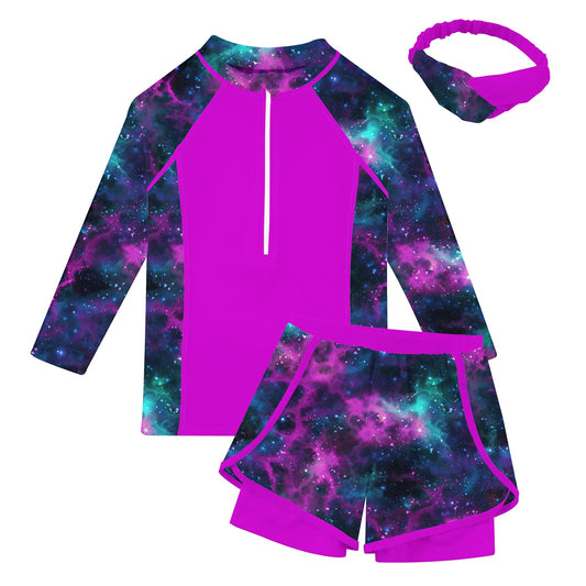 Idgreatim Girls Rash Guard Swimsuit Purple Galaxy Long Sleeve Beach Bathing Suit with Bodyshorts Headband Size 9 10T