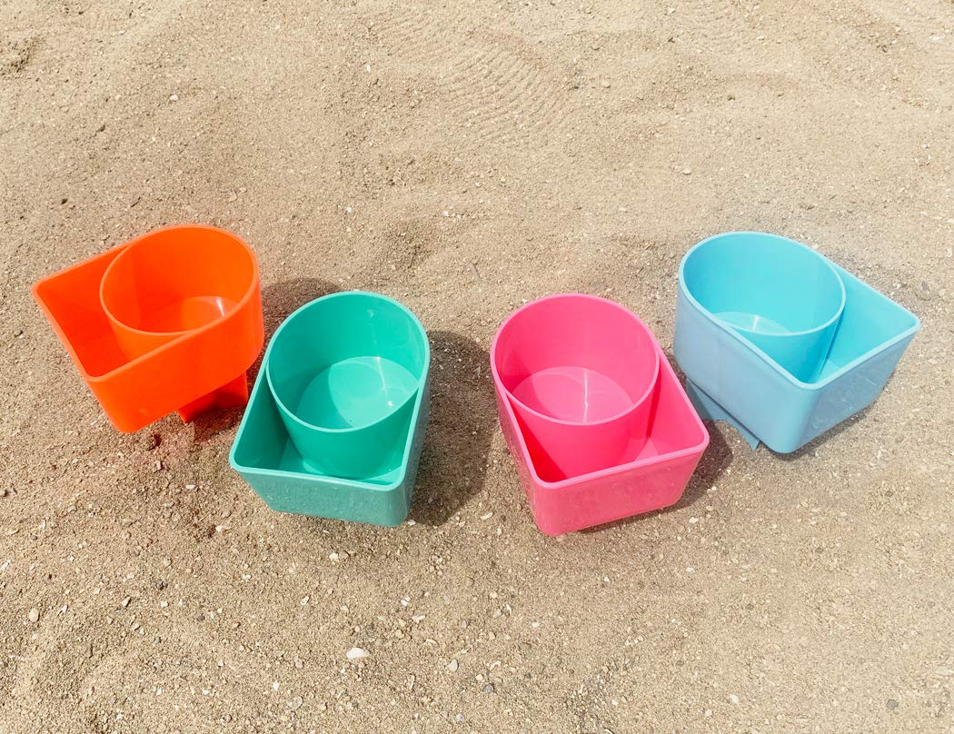 Home Queen Beach Cup Holder with Pocket, Multifunctional Sand Cup Holder for Beverage Phone Sunglass Key, Beach Accessory Drink Sand Coaster, Set of 4 (Teal, Orange, Blue and Pink)