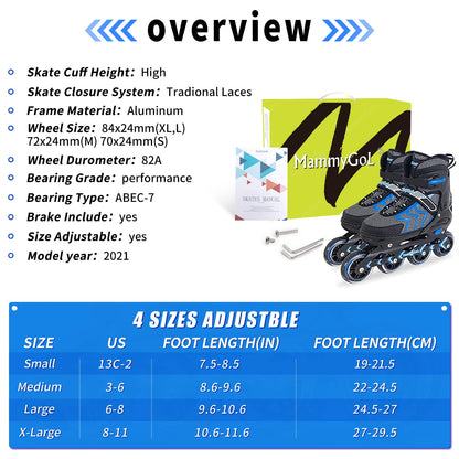 Inline Skates for Adults Men Women, Adjustable Aggressive Durable Roller Saktes with Giant Wheels, High Performance Skates for Male Female Blue Size 8 9 10 11